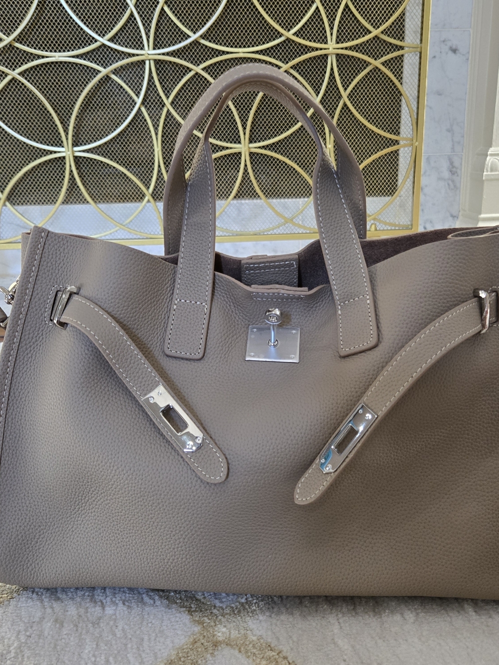 Taupe Leather Top-Handle Tote Bag
